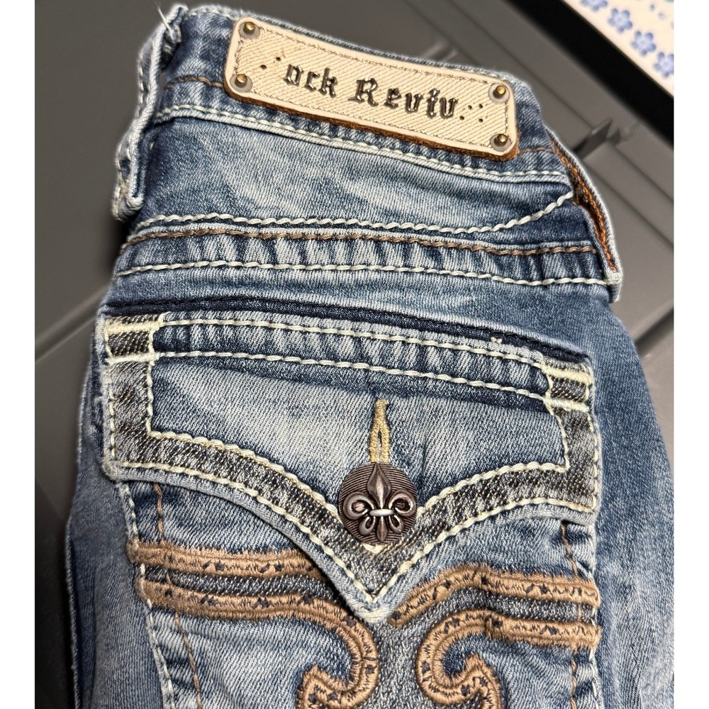 Rock Revival Posey Skinny Jeans Medium Wash Fleur De Lis Flap Pocket Womens 27 - Picture 4 of 8